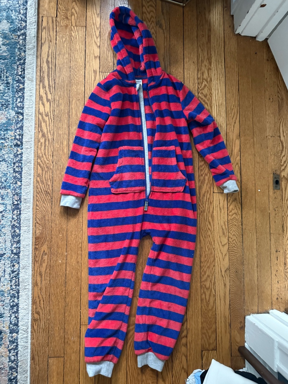 Mini Boden Red and Blue Striped Hooded Pajama - Size 8-9
